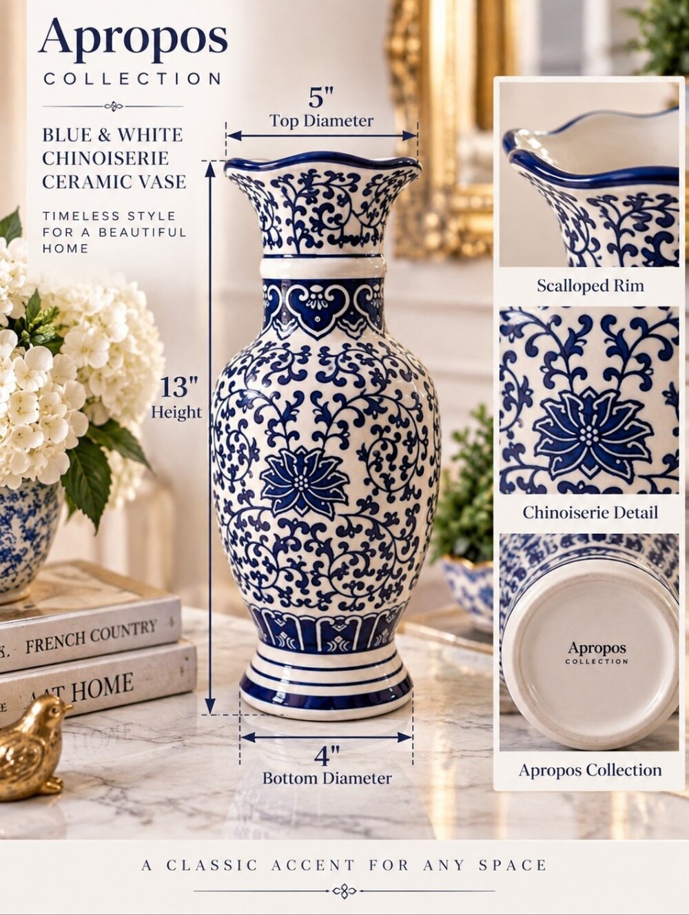 Apropos Vase| Blue White Chinoiserie Ceramic Vase |Scalloped|French Country 13" - Picture 3 of 7
